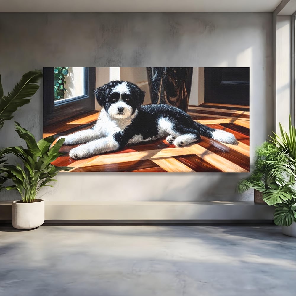 Tablou canvas cu tablou canvas cu catel negru cu alb, fara rama, pe sasiu de lemn